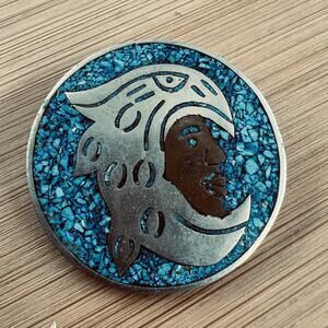 Sterling Silver Turquoise Inlay Brooch Pendant Signed MFTALES Warrior Eagle Vtg